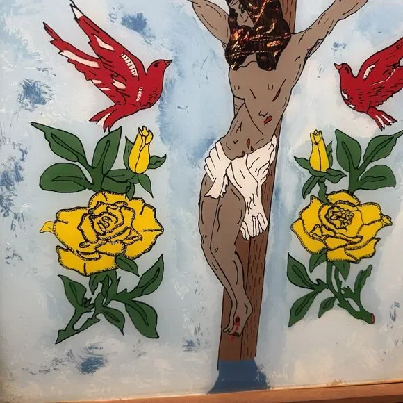 Vintage 1977 Attica Prison Inmate Folk Art Hand Painted Glass Jesus Crucifixion - Picture 8 of 16